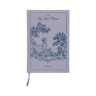 Lilac bookcloth journal printed with blue toile and titled The Very Tired Woman