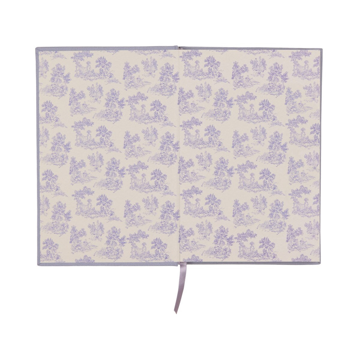 Lilac and white toile endpapers inside the cover
