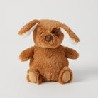 Brown plush puppy rattle sitting up, with long floppy ears lined in cream and cream paw pads