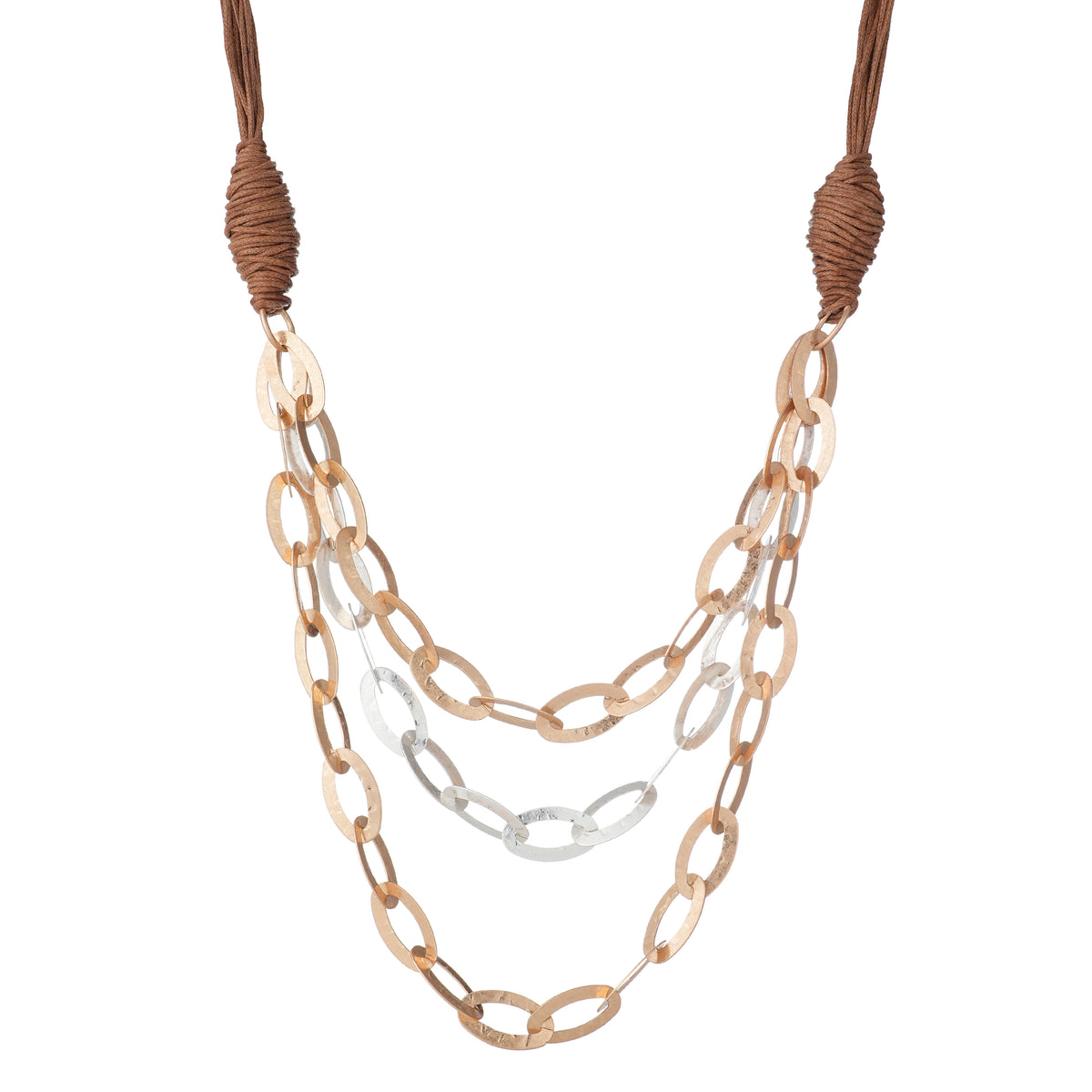 Jireh necklace in gold: three strands of large gold oval links on a tan faux-leather cord