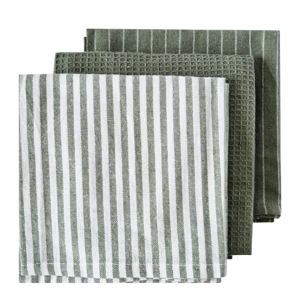 Katerina light green set fanned out showing sage stripe and waffle weaves