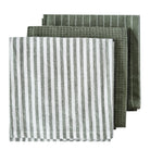 Katerina light green set fanned out showing sage stripe and waffle weaves