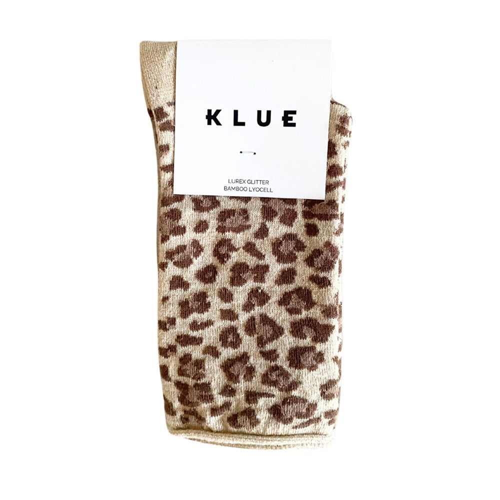 Leopard print KLUE glitter lurex socks folded in their branded paper band