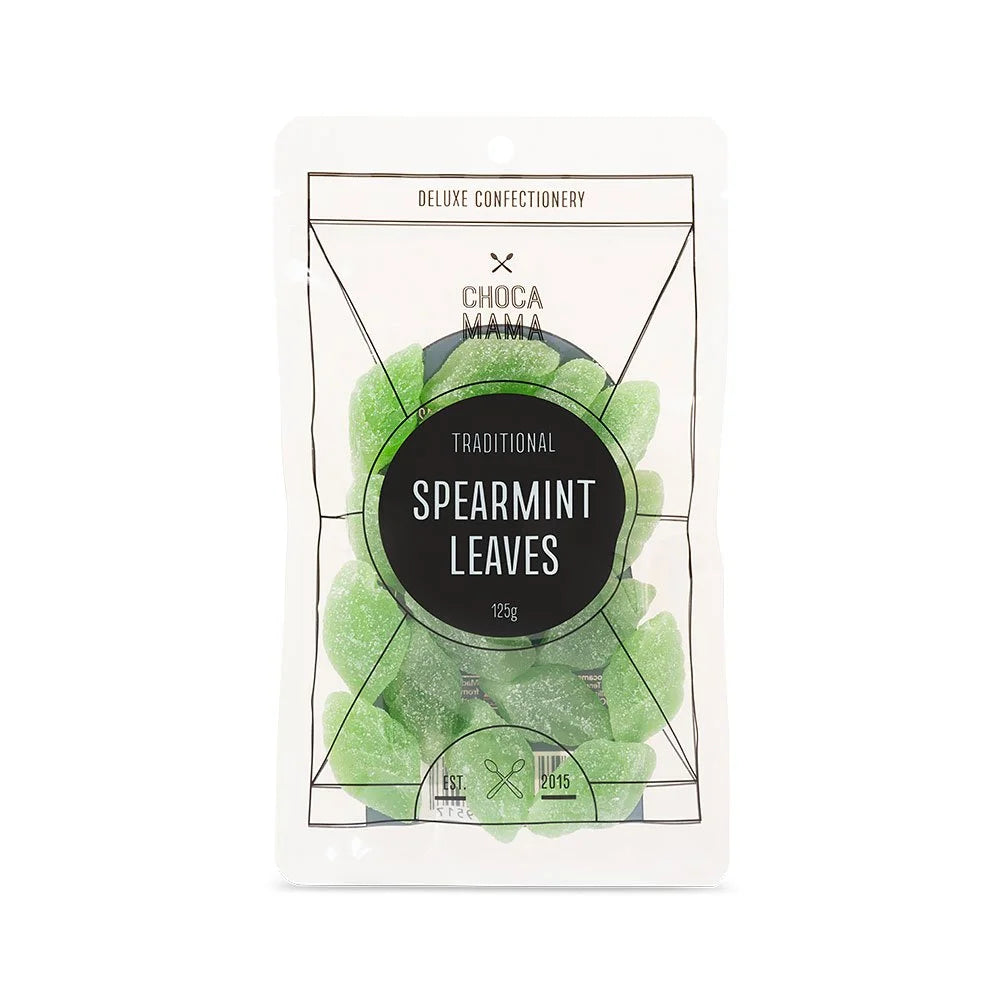 Clear pouch of green spearmint leaf jellies with a round black Traditional Spearmint Leaves label