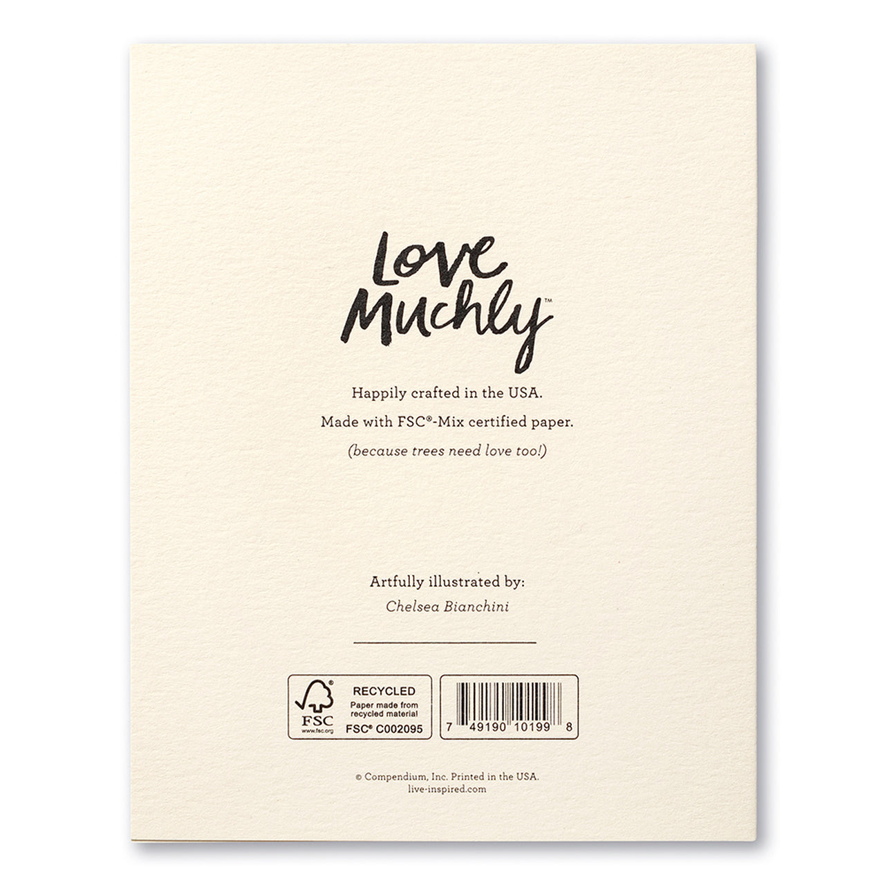 Back of the Love Muchly card noting FSC-Mix certified paper and artist Chelsea Bianchini