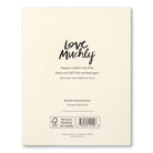 Back of the Love Muchly card noting FSC-Mix certified paper and artist Chelsea Bianchini