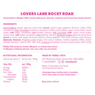 Back-of-box panel for Lovers Lane rocky road: ingredients, allergens and nutrition information