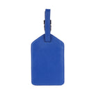 Back of the cobalt luggage tag, plain leather with the strap looped through the top