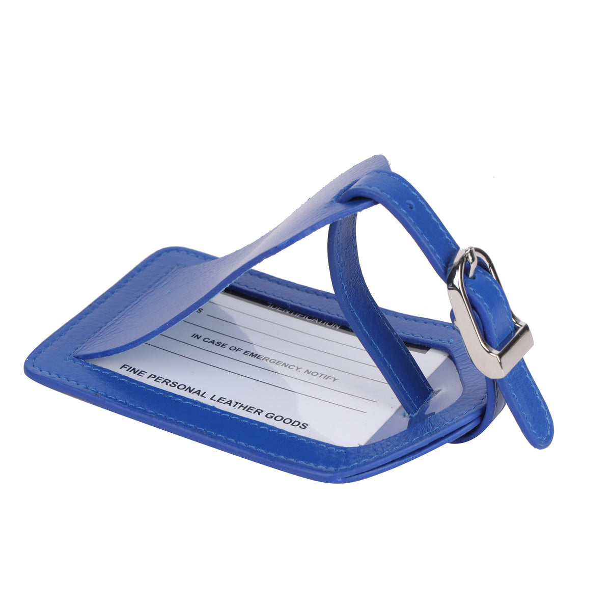 Cobalt luggage tag with the flap lifted, showing the address card behind a clear window