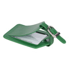 Emerald luggage tag with the flap lifted, showing the address card behind a clear window