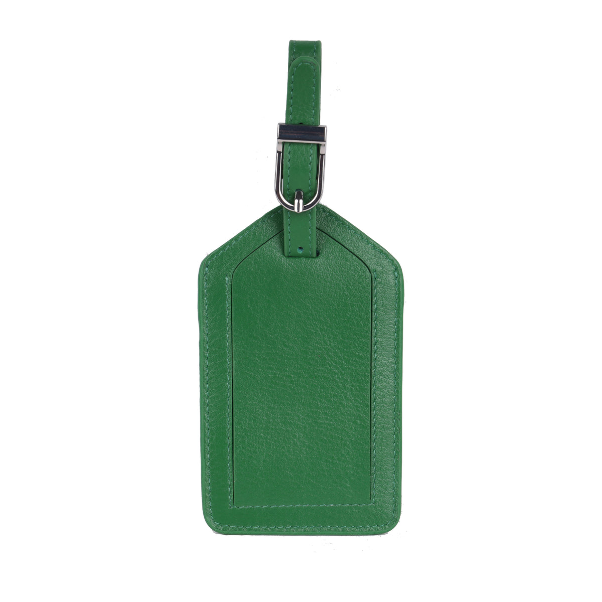 Emerald leather luggage tag from the front, hanging from its buckled strap