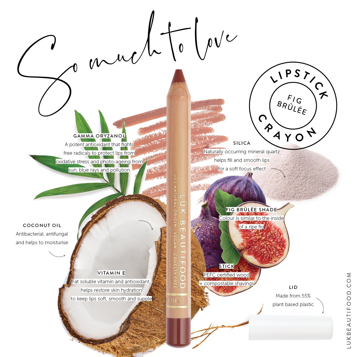 Lük Beautifood natural lipstick crayon in Fig Brûlée — with gift packaging