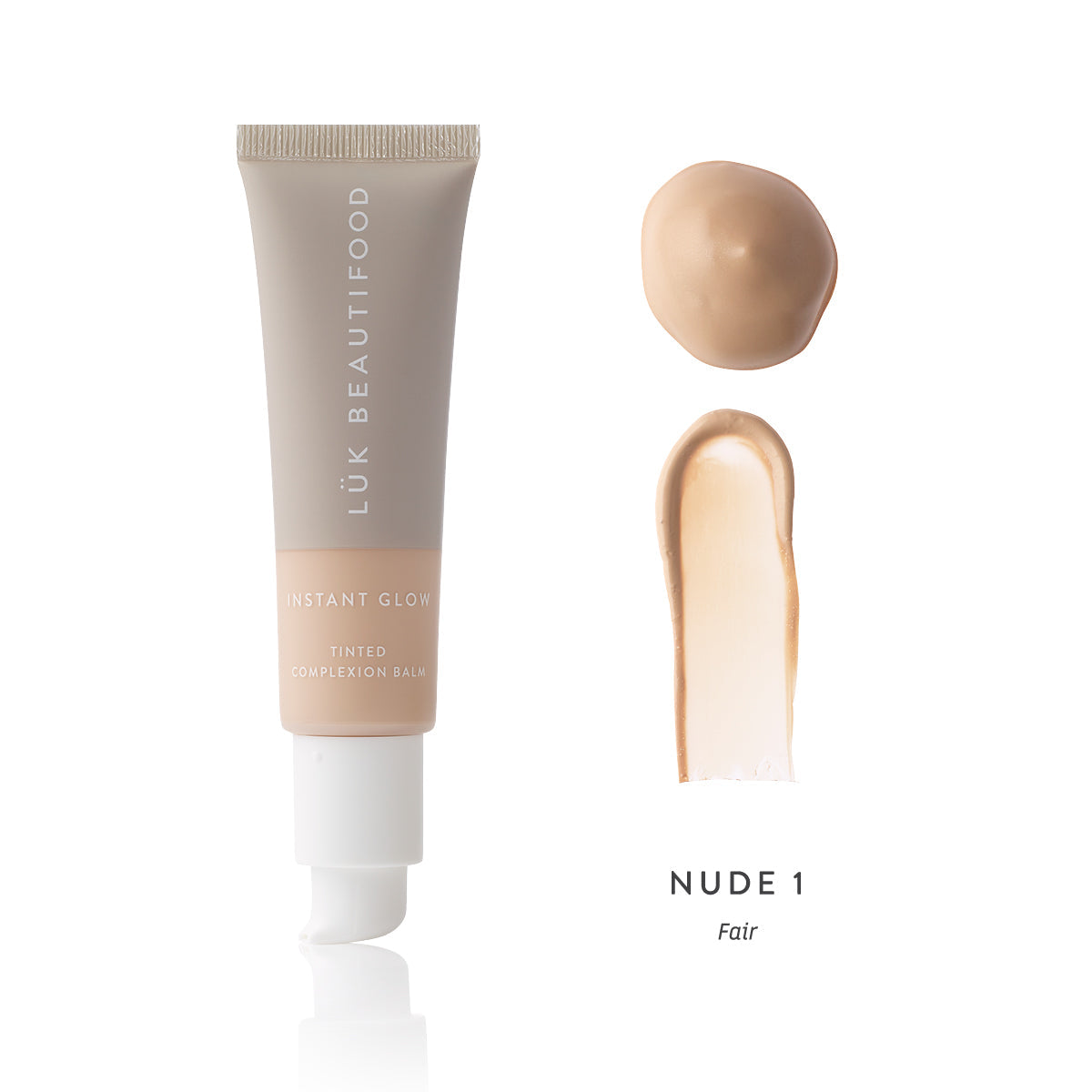 Lük Beautifood Instant Glow Skin Tint in Nude 1 - Fair — open tube with colour swatch