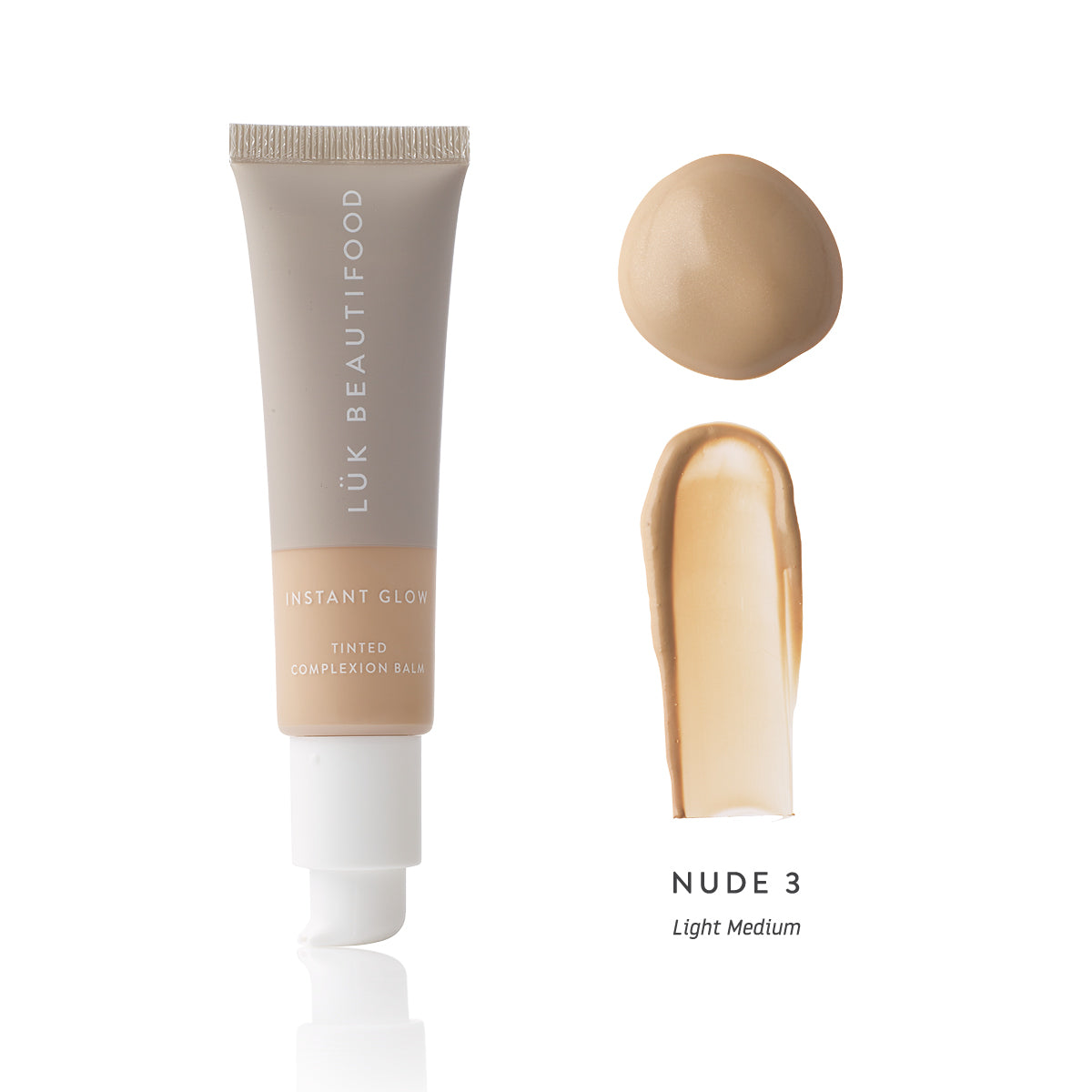 Lük Beautifood Instant Glow Skin Tint in Nude 3 - Light Medium — open tube with colour swatch