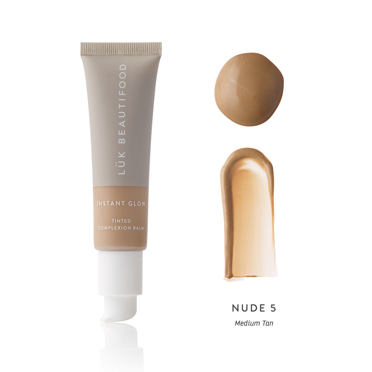 Lük Beautifood Instant Glow Skin Tint in Nude 5 - Medium Tan — open tube with colour swatch