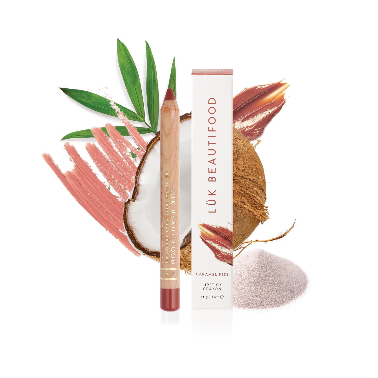 Lük Beautifood natural lipstick crayon in Caramel Kiss — key ingredients