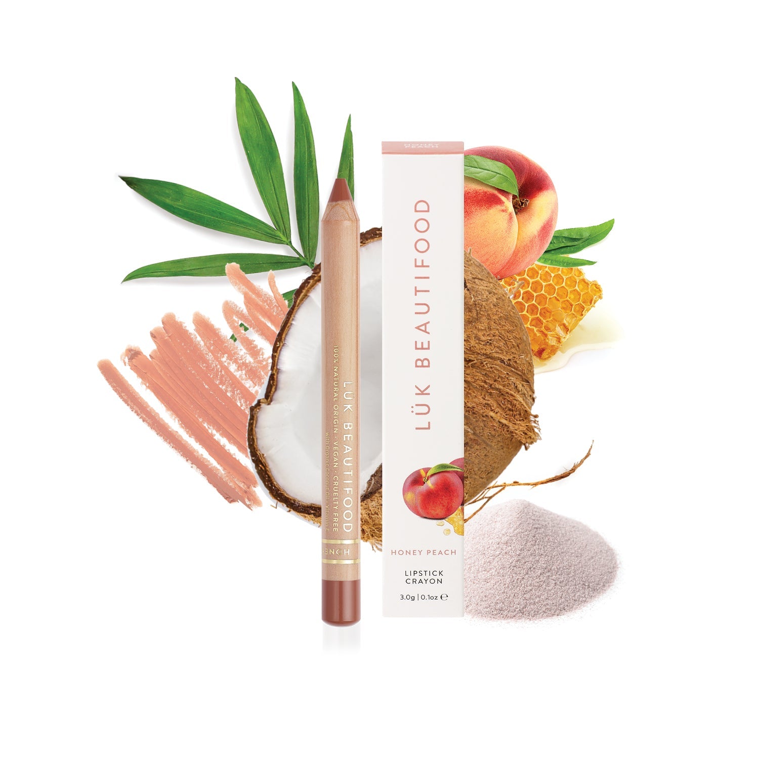 Lük Beautifood natural lipstick crayon in Honey Peach — key ingredients
