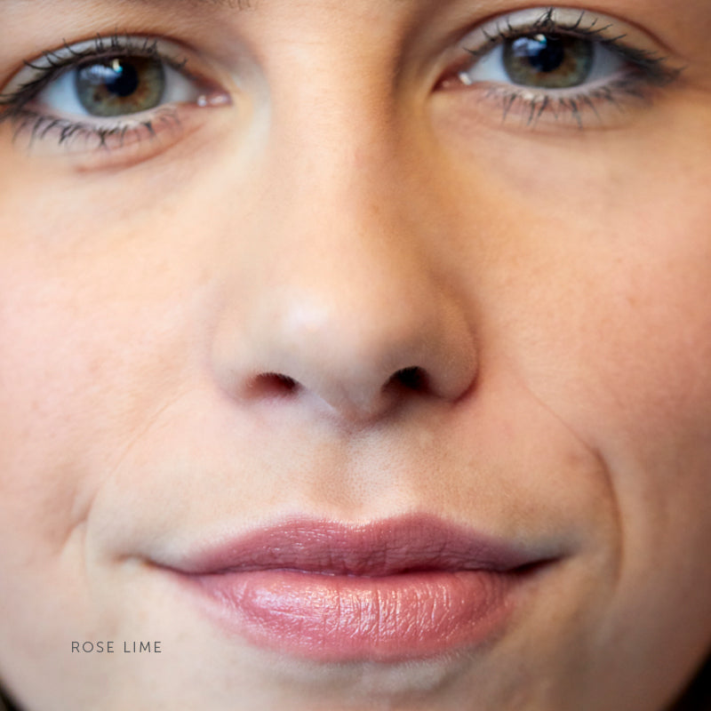 Lük Beautifood Lip Nourish natural lipstick in Rose Lime — worn on lips
