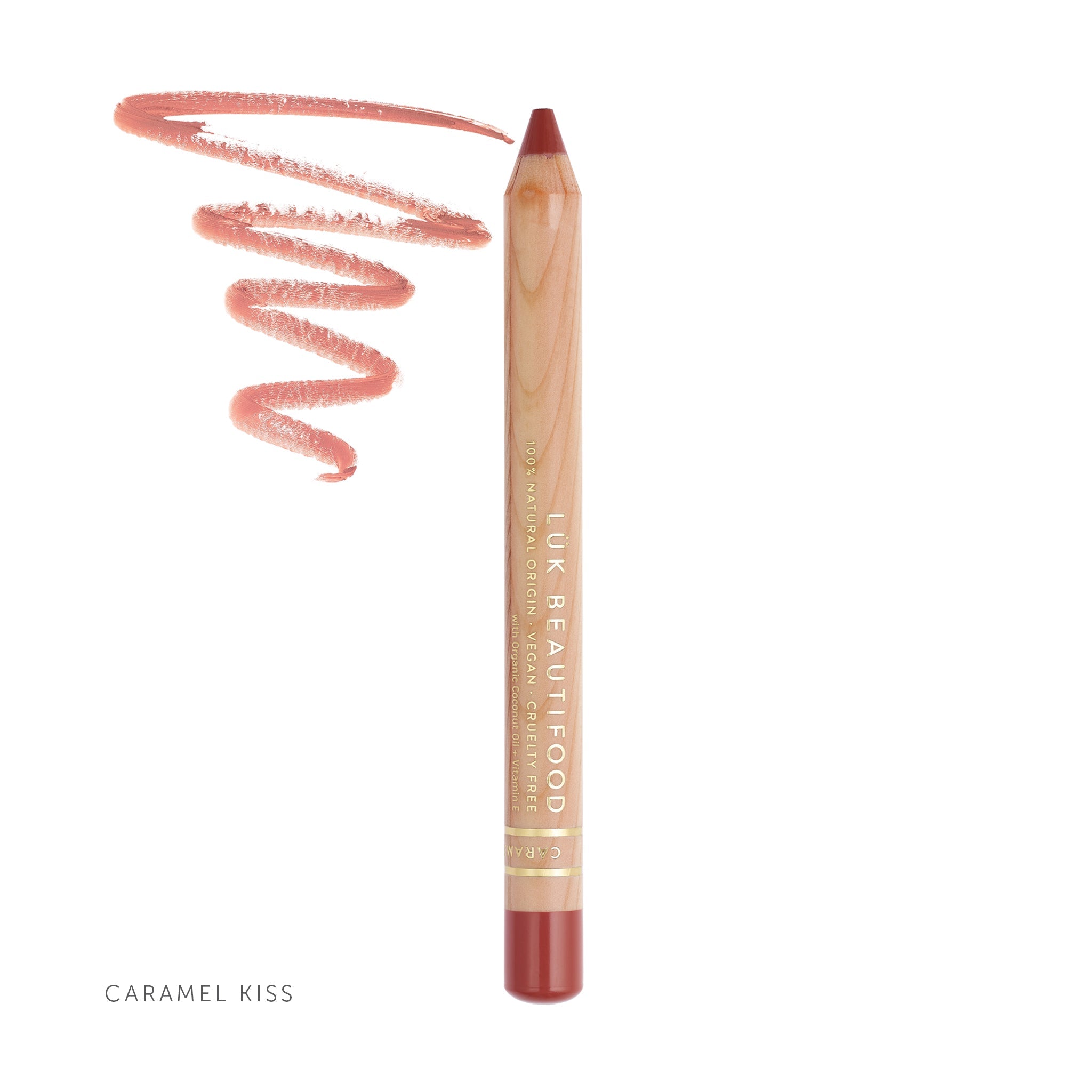 Lük Beautifood natural lipstick crayon in Caramel Kiss — pencil with colour swatch