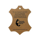 Back of the swing tag, noting the leather is made with the Leather Working Group