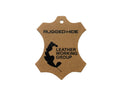 Kraft swing tag cut in the shape of a hide, printed Rugged Hide above the Leather Working Group logo