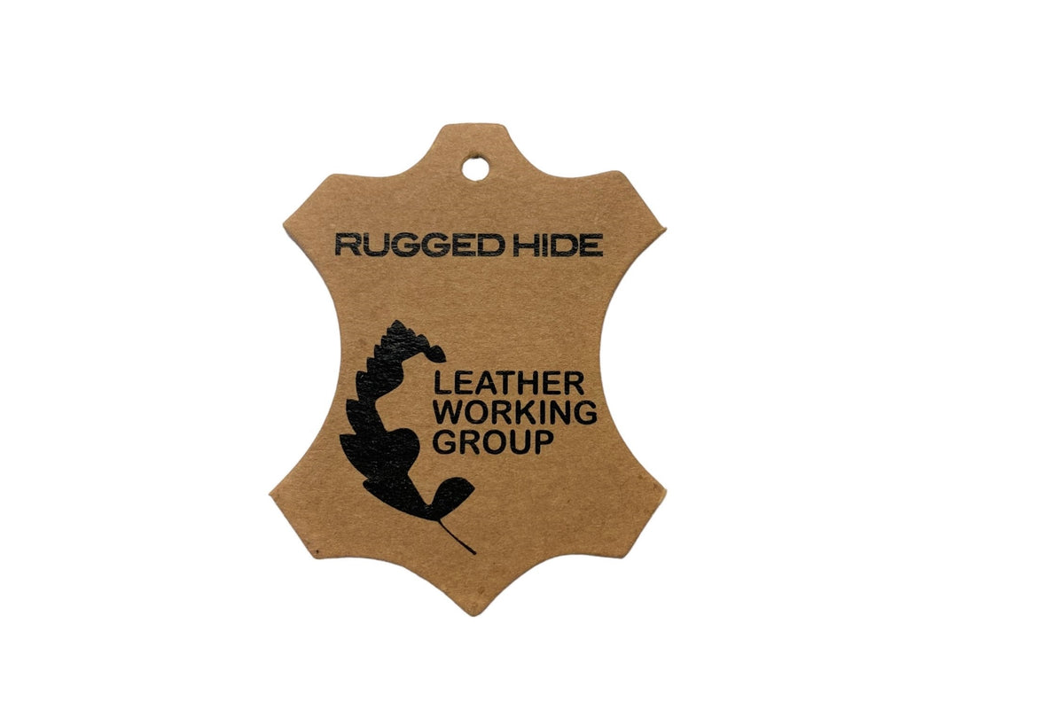 Kraft swing tag cut in the shape of a hide, printed Rugged Hide above the Leather Working Group logo