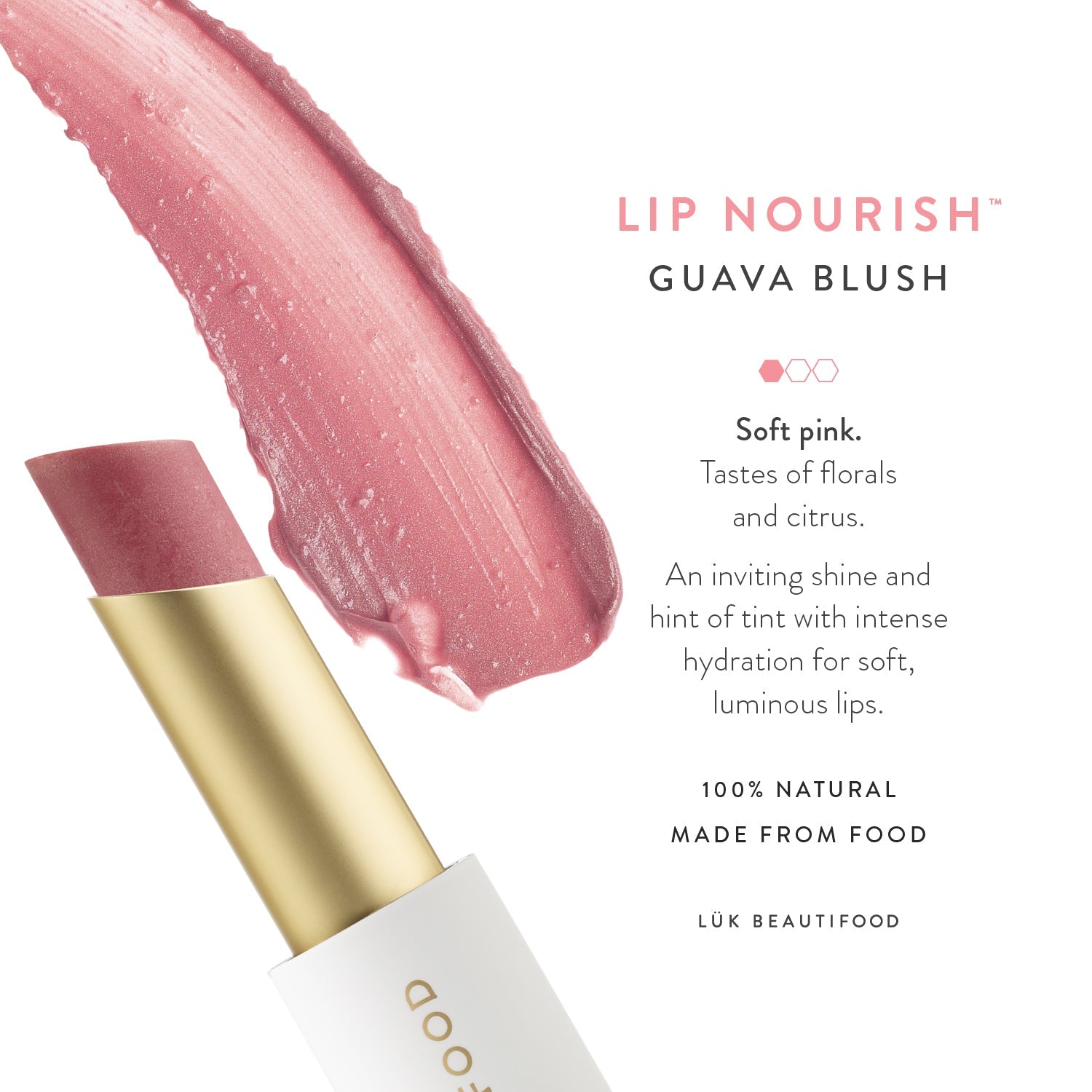 Lük Beautifood Lip Nourish natural lipstick in Guava Blush — shade description