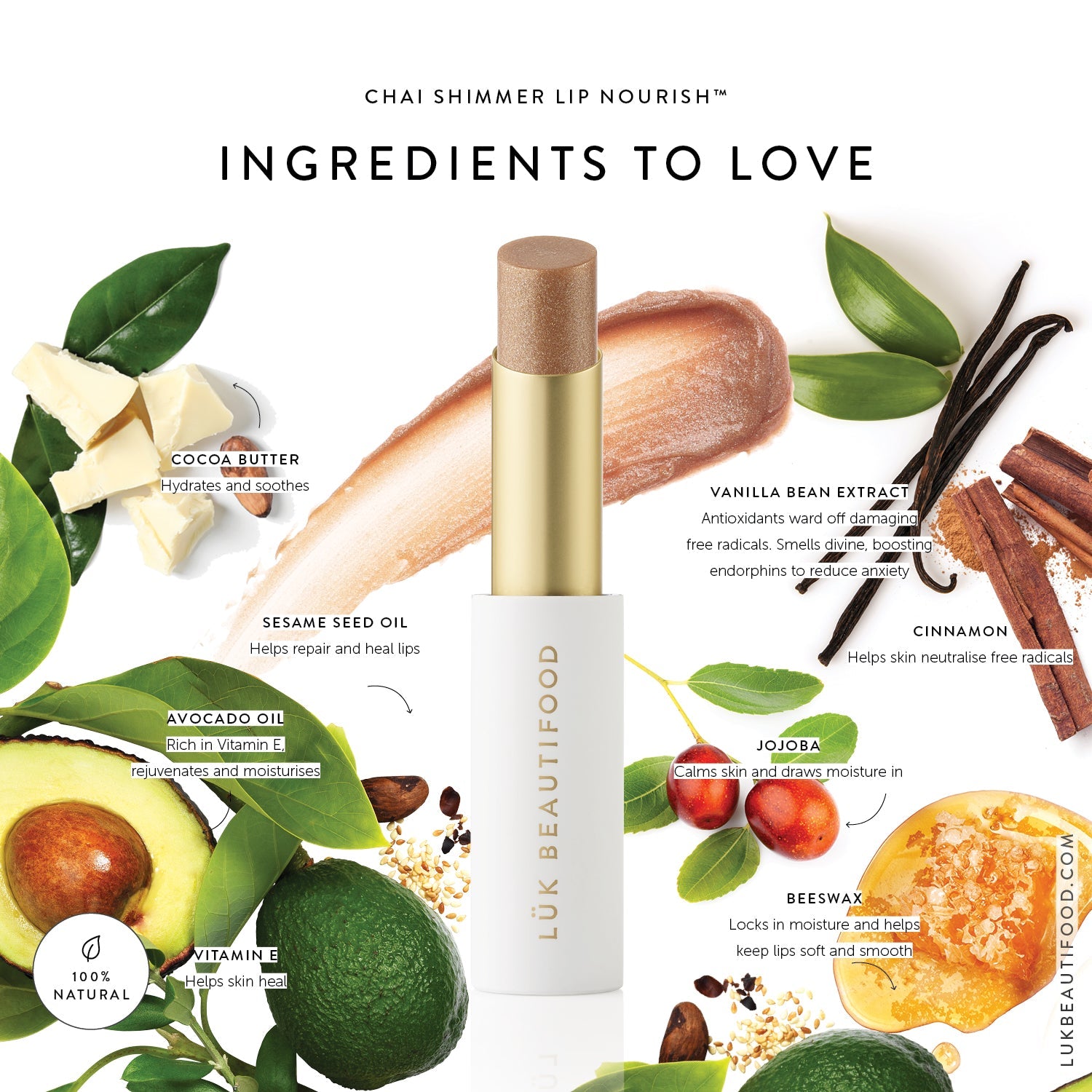 Lük Beautifood Lip Nourish natural lipstick in Chai Shimmer — key ingredients