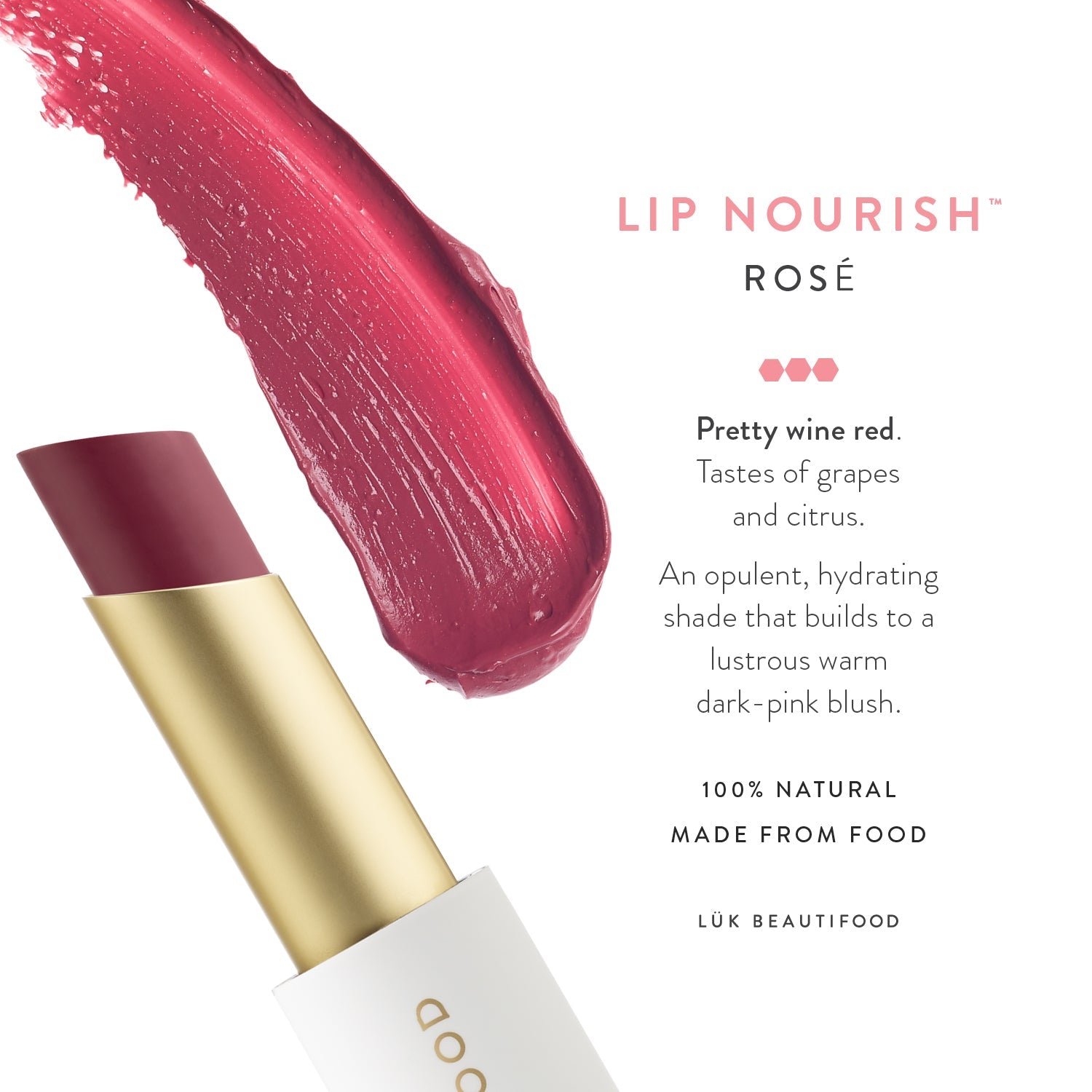Lük Beautifood Lip Nourish natural lipstick in Rosé — benefits of this shade