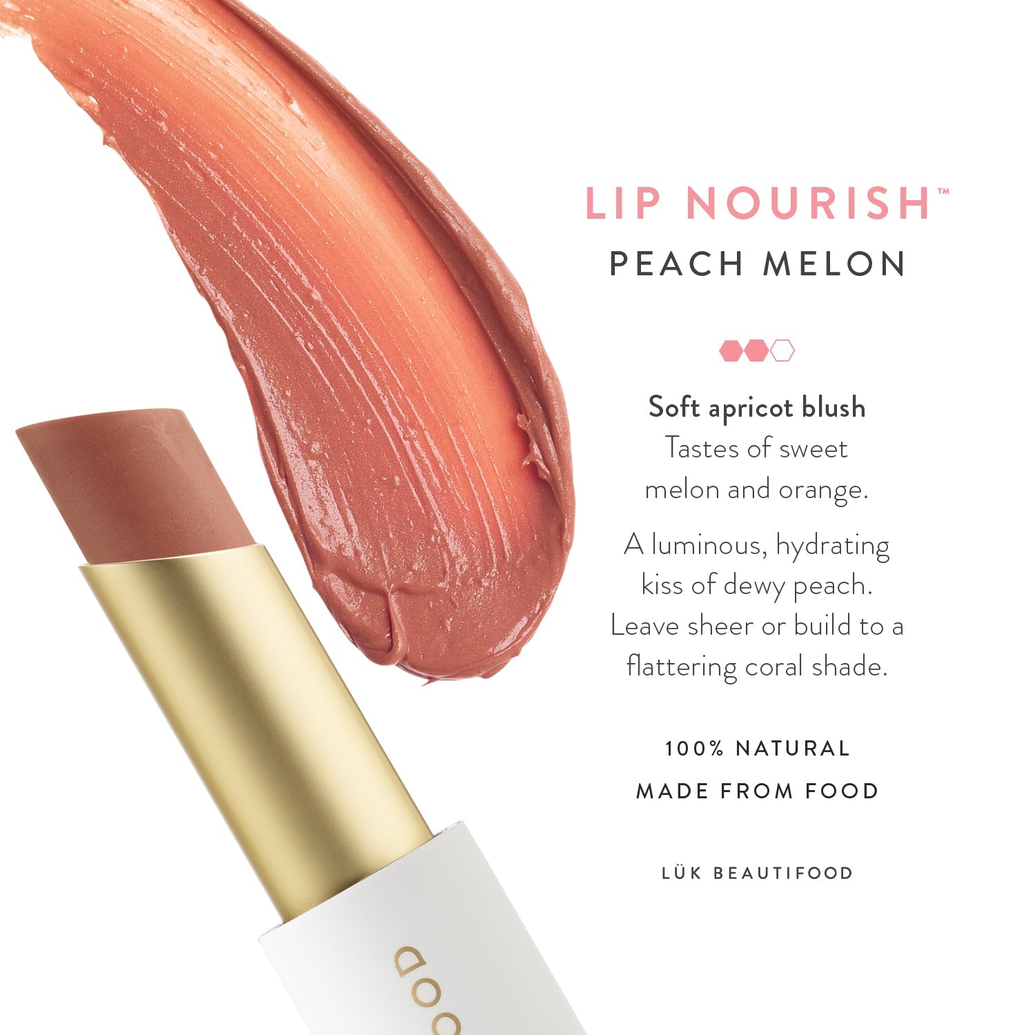 Lük Beautifood Lip Nourish natural lipstick in Peach Melon — shade description