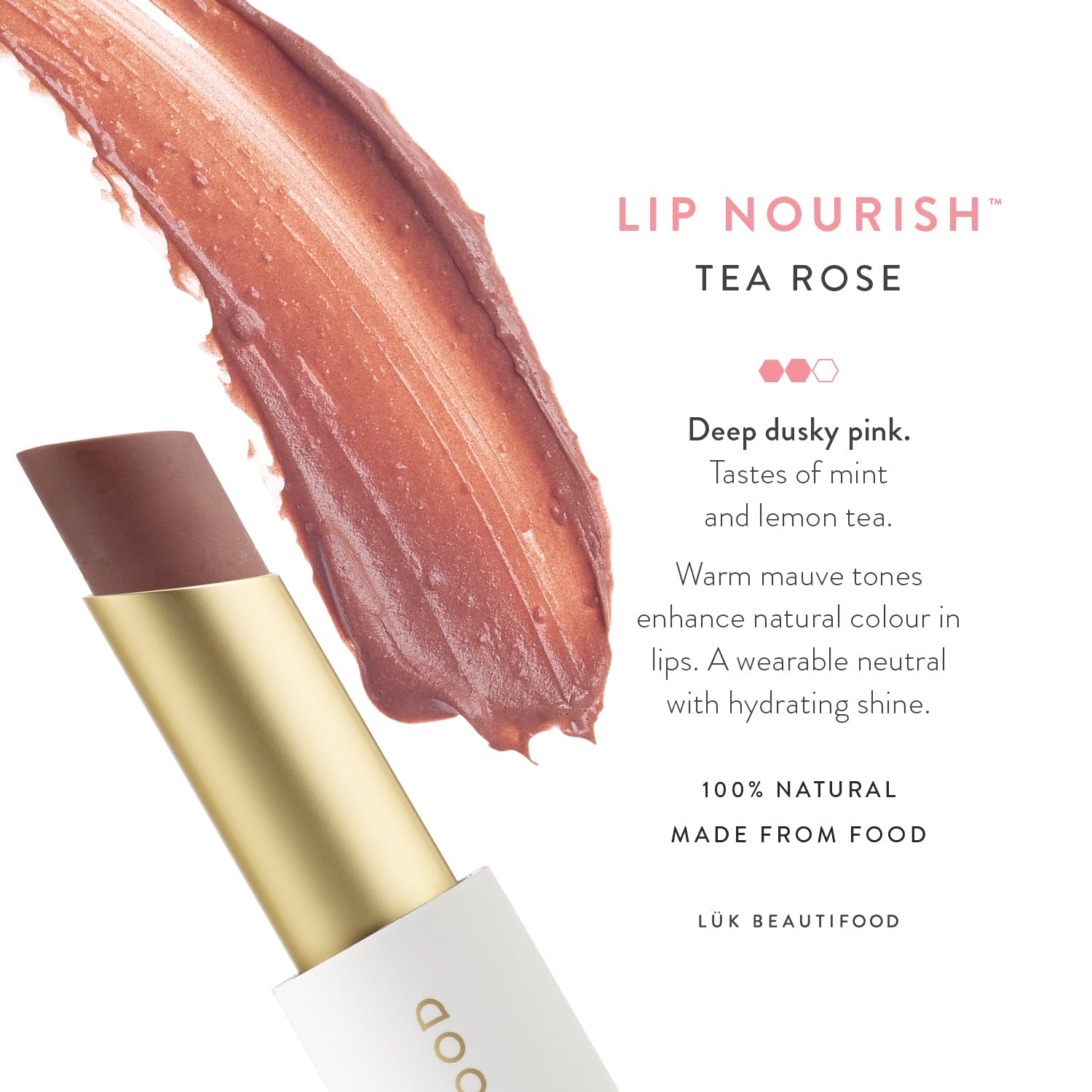 Lük Beautifood Lip Nourish natural lipstick in Tea Rose — shade description