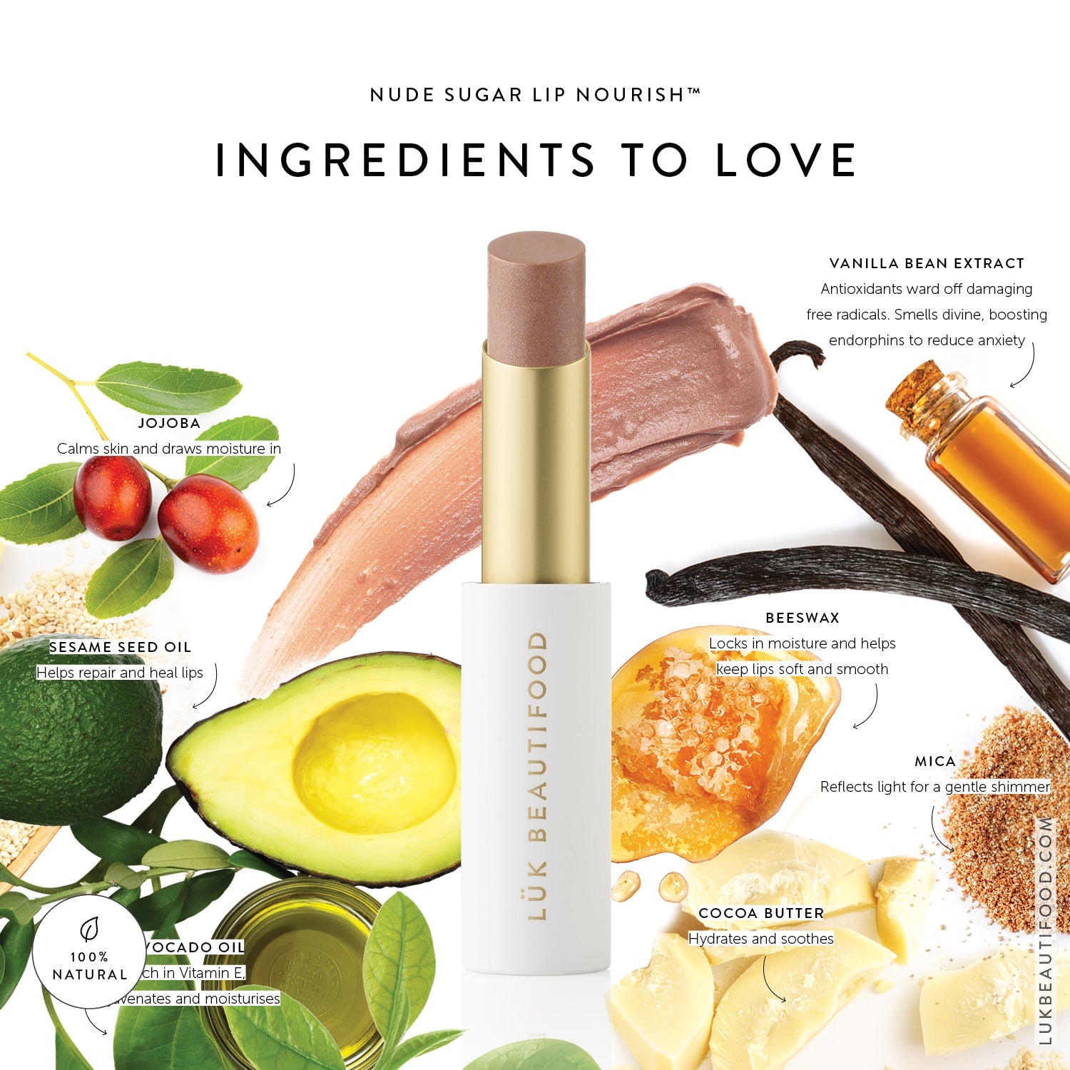 Lük Beautifood Lip Nourish natural lipstick in Nude Sugar — key ingredients