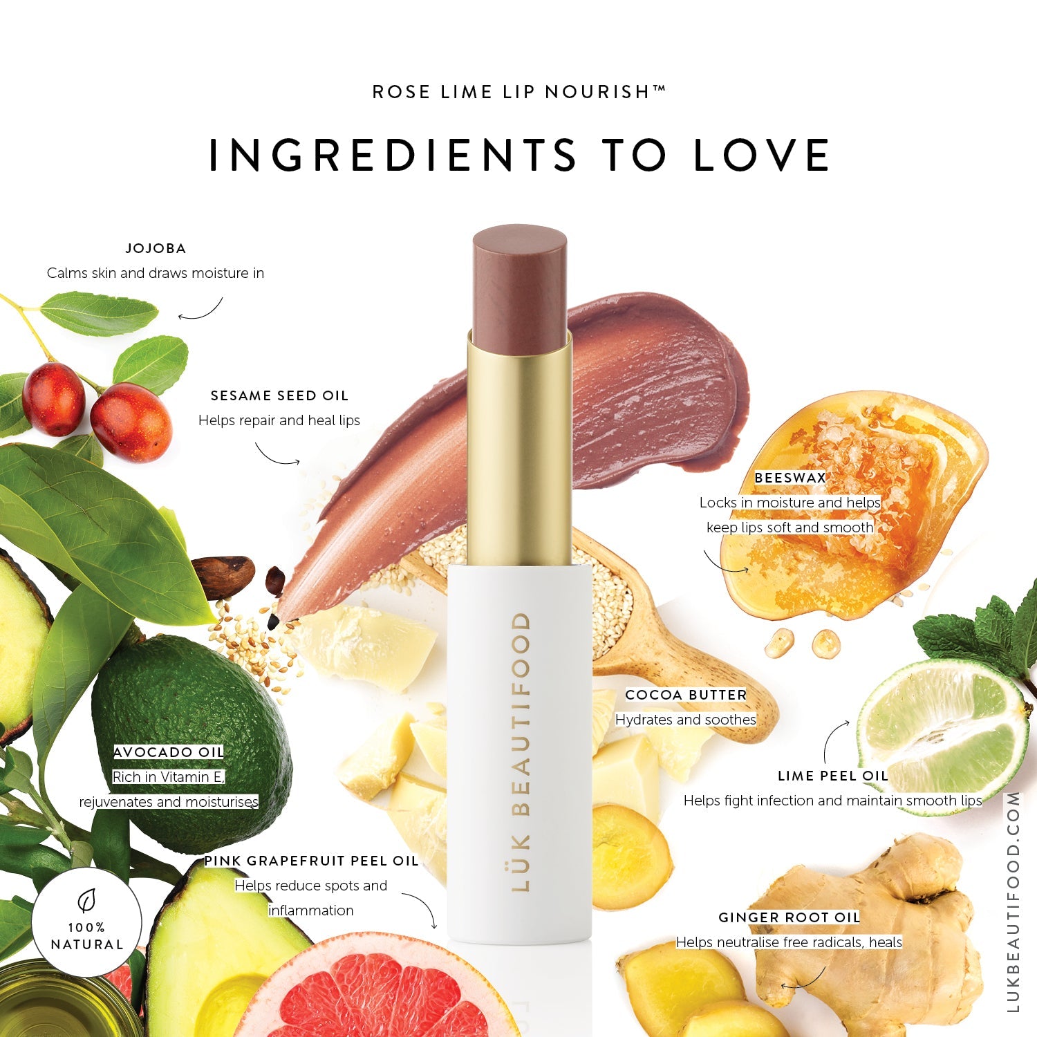 Lük Beautifood Lip Nourish natural lipstick in Rose Lime — key ingredients
