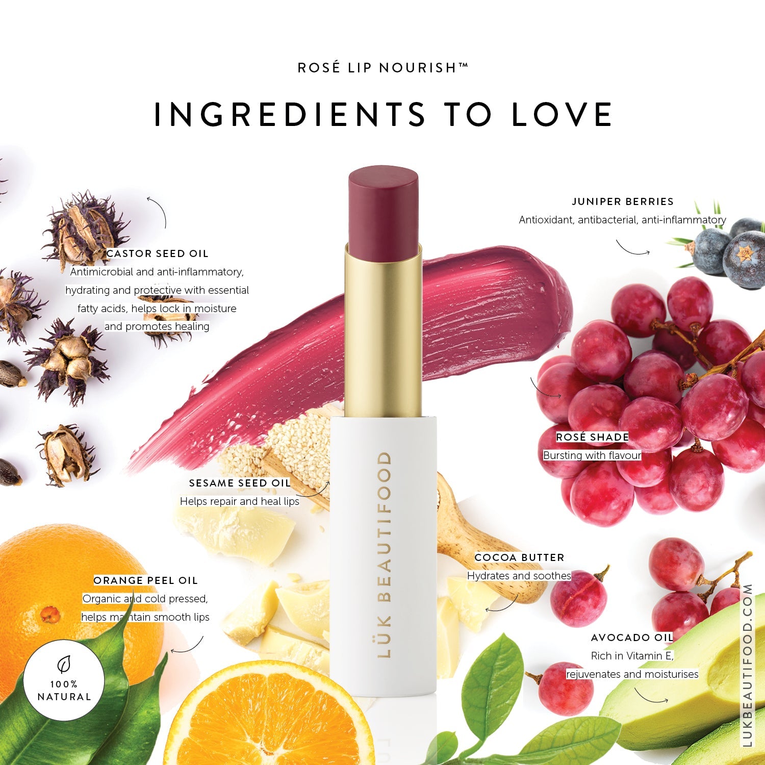 Lük Beautifood Lip Nourish natural lipstick in Rosé — key ingredients