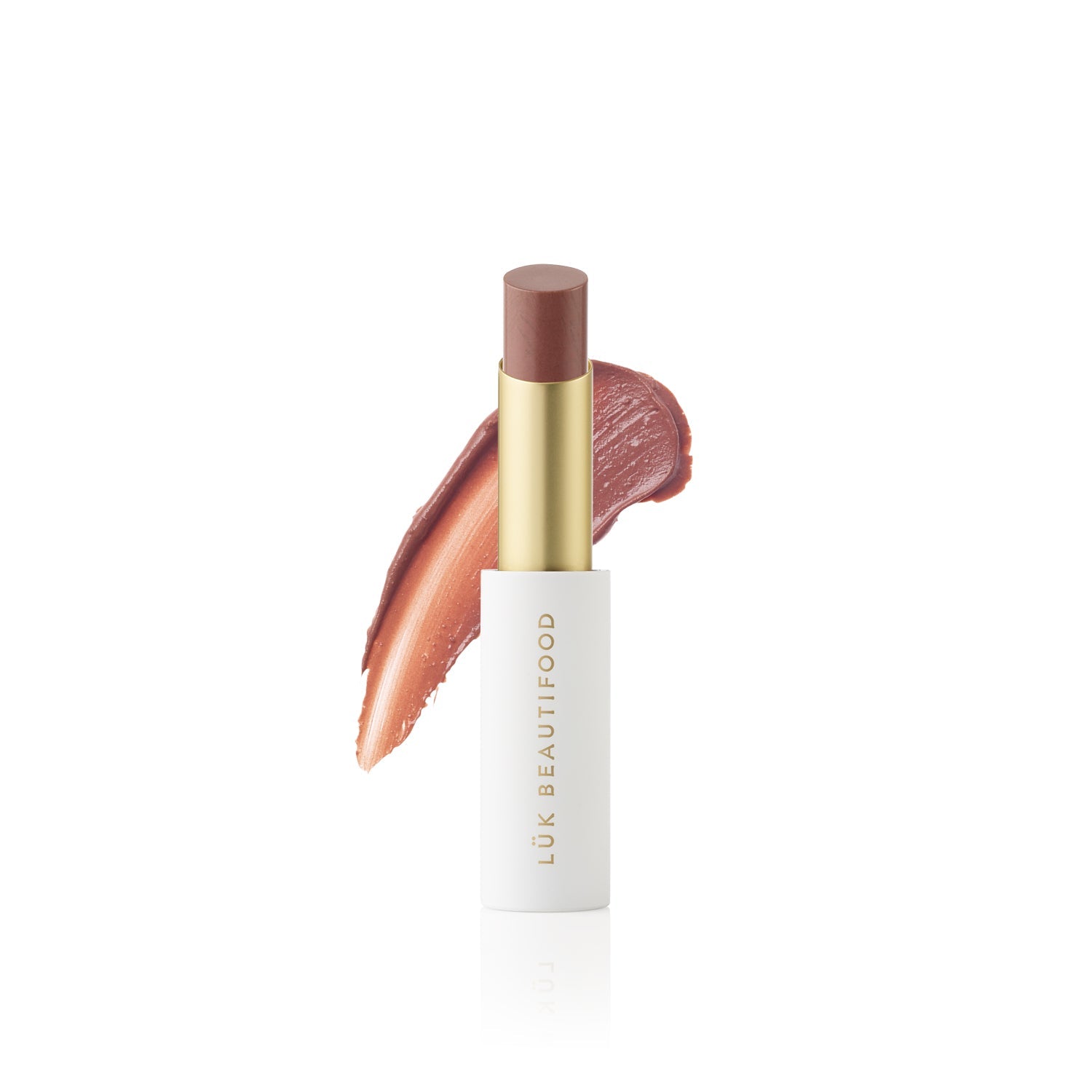 Lük Beautifood Lip Nourish natural lipstick in Rose Lime — stick with colour swatch