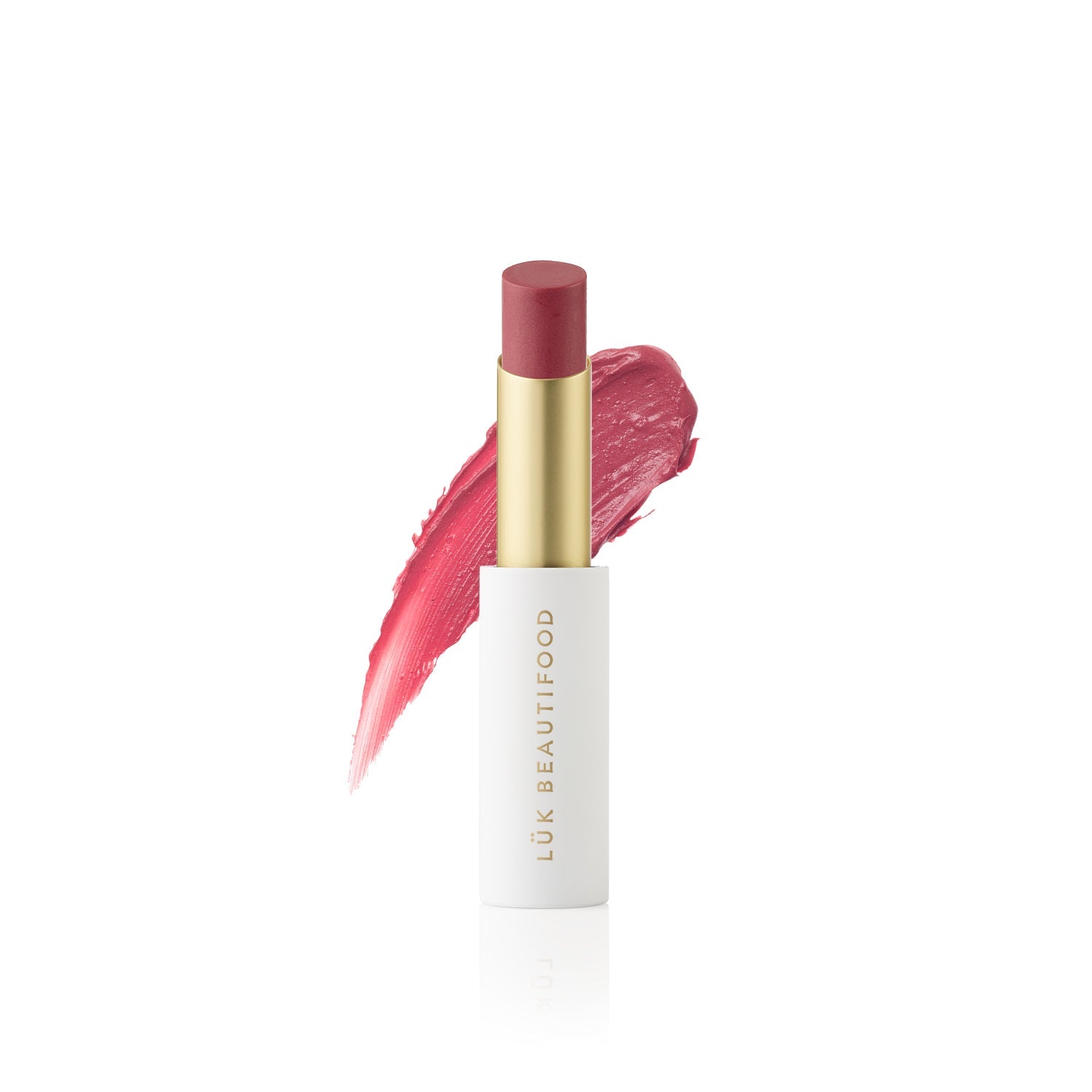 Lük Beautifood Lip Nourish natural lipstick in Ruby Grapefruit — stick with colour swatch