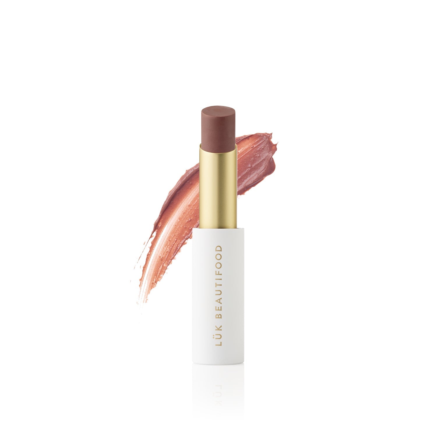 Lük Beautifood Lip Nourish natural lipstick in Tea Rose — stick with colour swatch