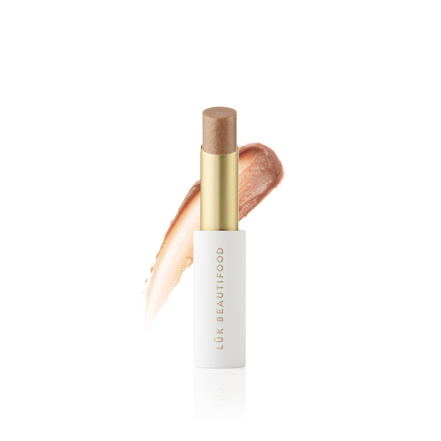 Lük Beautifood Lip Nourish natural lipstick in Chai Shimmer — stick with colour swatch