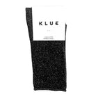Black KLUE glitter lurex socks flecked with silver sparkle, folded in their branded paper band