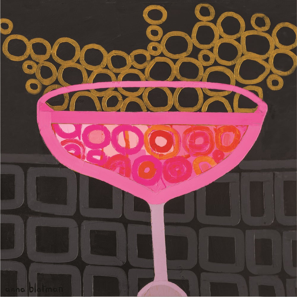 Painting of a hot-pink champagne coupe overflowing with gold bubbles against a black patterned background