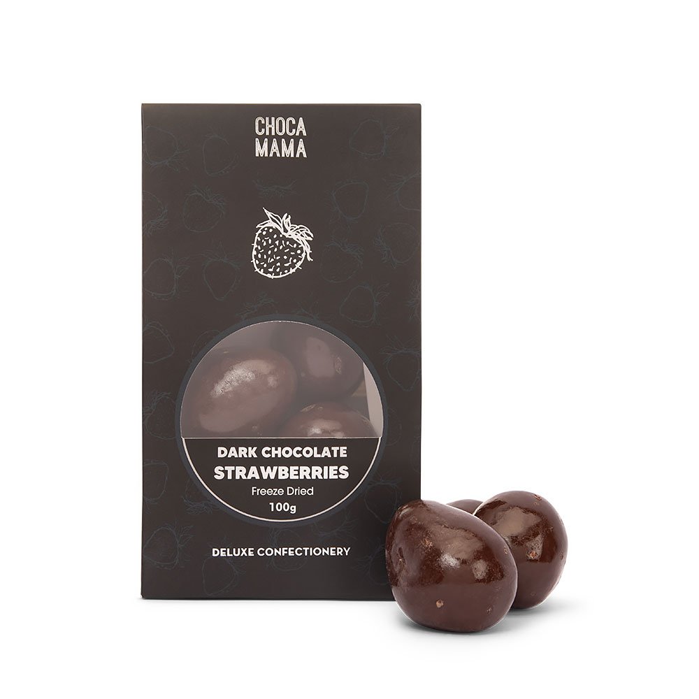 Chocamama dark chocolate freeze-dried strawberries box with two chocolates beside it