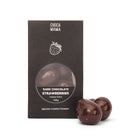 Chocamama dark chocolate freeze-dried strawberries box with two chocolates beside it
