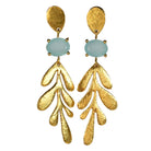 Euro Gold leaf drop earrings with aqua oval gems, front view