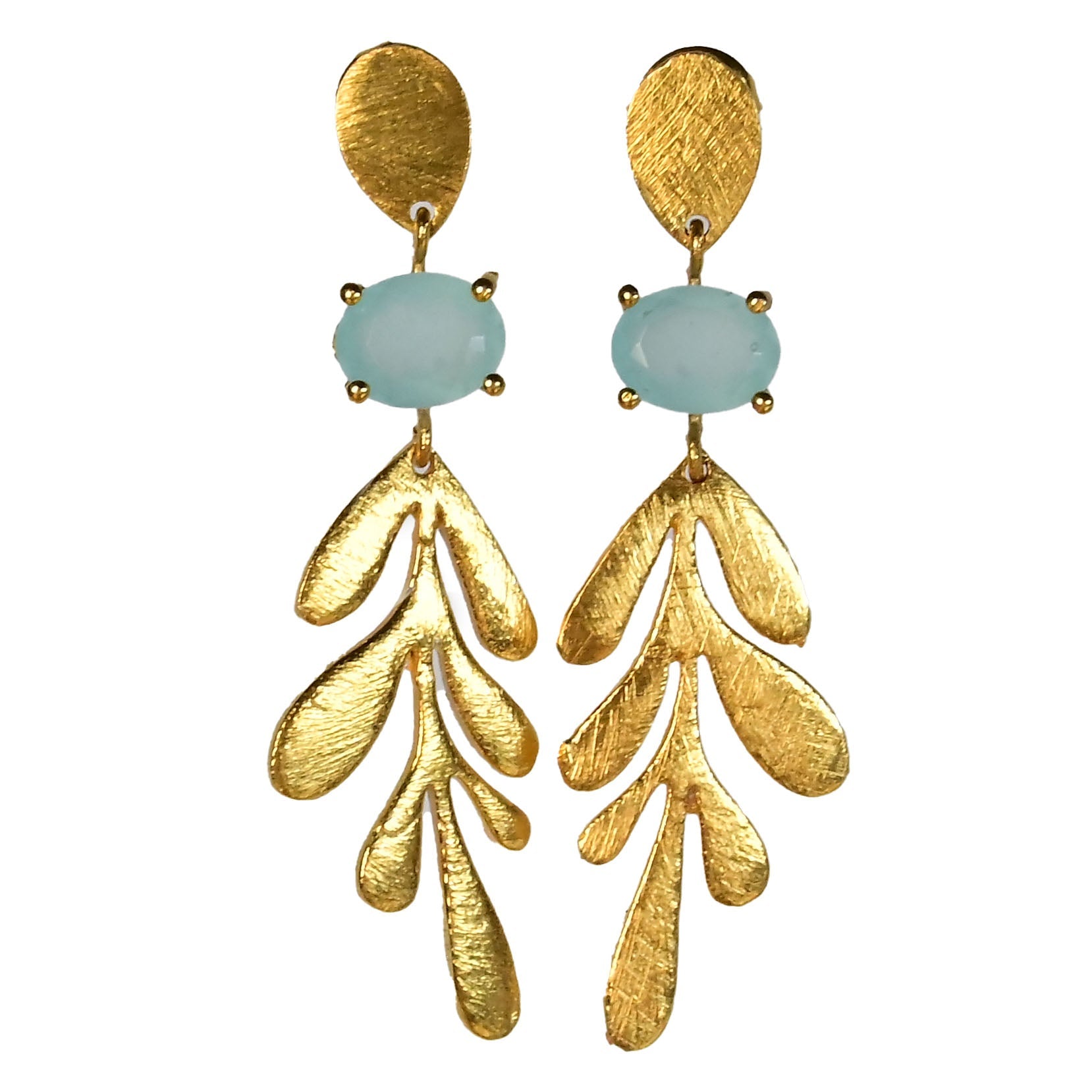 Euro Gold leaf drop earrings with aqua oval gems, front view