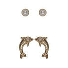 Two pairs of gold-tone studs: round pearl-look studs, and dolphins each set with a tiny pearl-look bead.