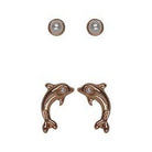 Two pairs of rose gold-tone studs: round pearl-look studs, and dolphins each set with a tiny pearl-look bead.