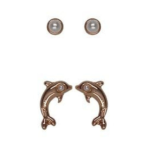 Two pairs of rose gold-tone studs: round pearl-look studs, and dolphins each set with a tiny pearl-look bead.