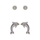 Two pairs of silver-tone studs: round pearl-look studs, and dolphins each set with a tiny pearl-look bead.