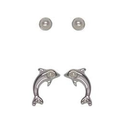 Two pairs of silver-tone studs: round pearl-look studs, and dolphins each set with a tiny pearl-look bead.