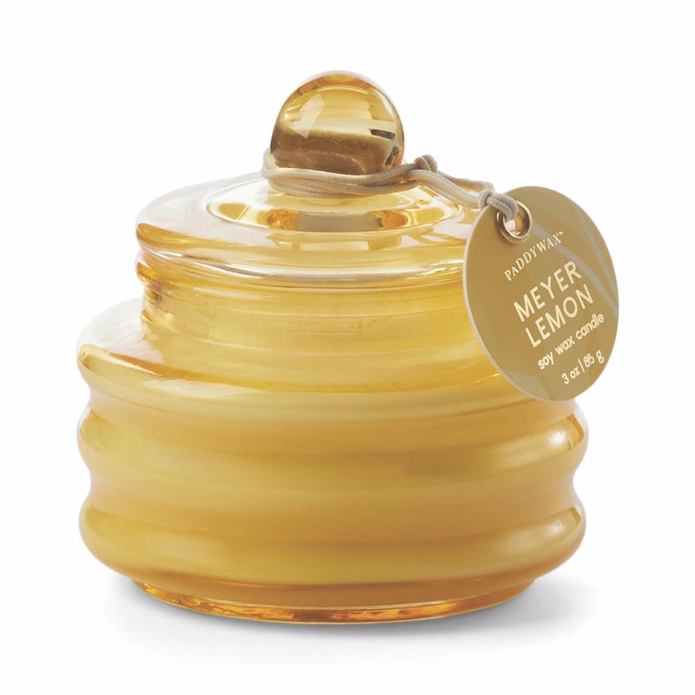 Yellow ribbed glass Beam candle with a domed lid and Meyer Lemon swing tag